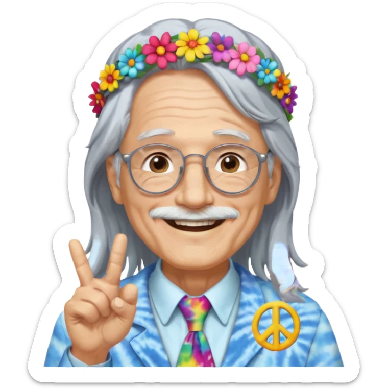 elderly man with long grey hair, glasses, peace sign necklace, tie-dye clothing, flower crown sticker
