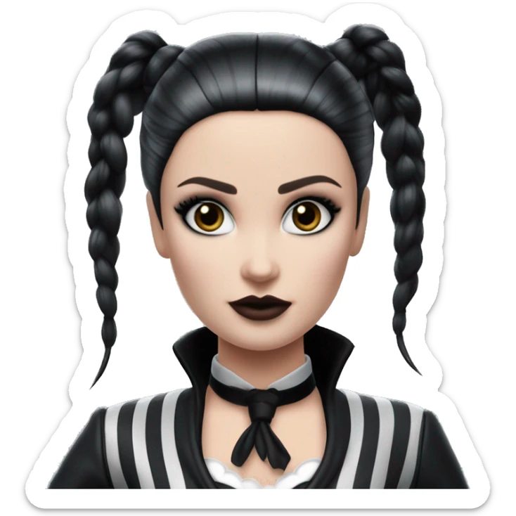 Jeffery New York Lingerie Barbie Wednesday Addams from academy in vertically striped gray and black outfit. riding hot rod bikes with crows sticker