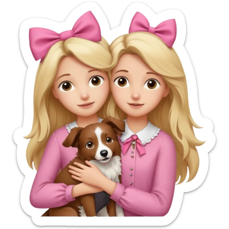 Menina loira fofa de cabelo comprido usando uma blusa rosa e um laço no cabelo abraçando um border collie marrom  sticker