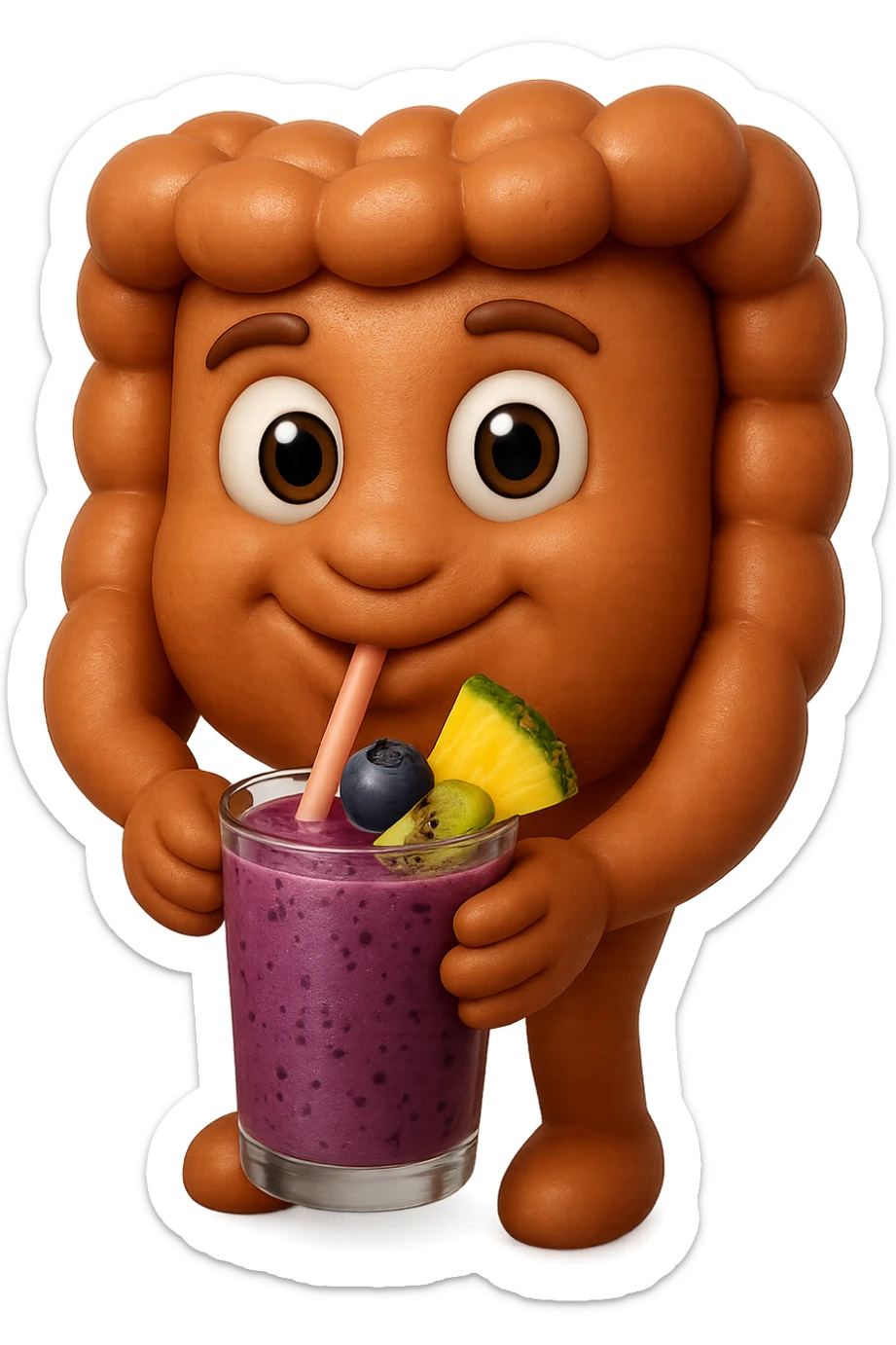 EMOJI STILE IPHONE DI un intestino umano anatomico che beve un frullato di mirtilli, ananas, kiwi, fagli anche la parte bianca degli occhi, non solo le pupille, REALISTICo 4K sticker