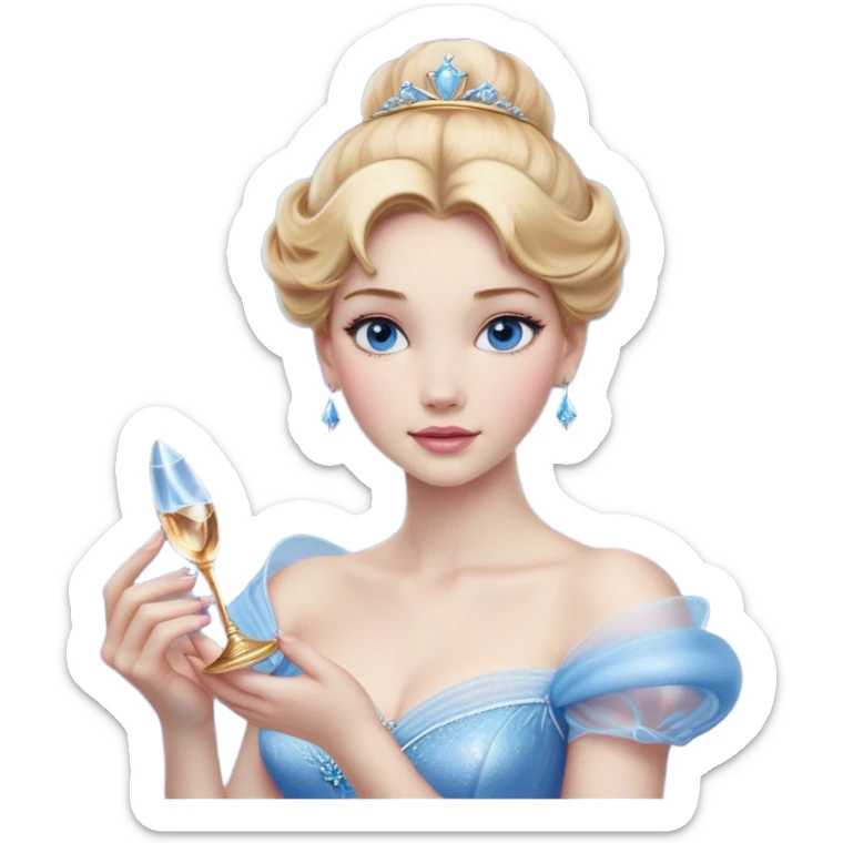 Cinematic Realistic Cinderella Portrait, depicted with lifelike skin texture, subtle rosy undertones, and soft natural lighting that enhances the gentle contours of her face. Her intricately detailed golden blonde hair is elegantly styled in an updo, with delicate wisps framing her face. Her deep, expressive blue eyes radiate warmth and sincerity, reflecting a quiet resilience and grace. She holds a glass slipper gently in one hand, her other hand resting gracefully at her side, emphasizing the timeless beauty of the moment. She is dressed in her iconic ball gown, the fabric shimmering with intricate embroidery and fine translucent layers that catch the light beautifully. The soft sheen of satin gloves adds a magical touch to her graceful pose. The portrait features an enchanting glow with a natural, luminous finish, seamlessly blending realism and fairytale charm to evoke a sense of depth, elegance, and timeless beauty. sticker