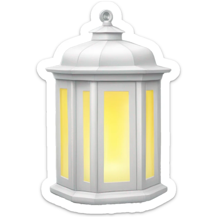 white house lantern with yellow light filtering out of the windows and door sticker