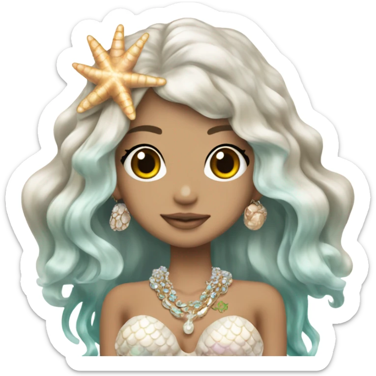 mermaid hime gyaru girl, brunette hair, shell jewellery  sticker