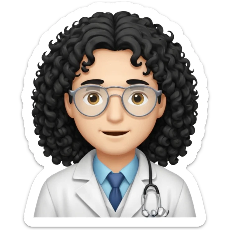 a young male doctor with black long curly hair cover his eyes a little bit and cheerful face sticker