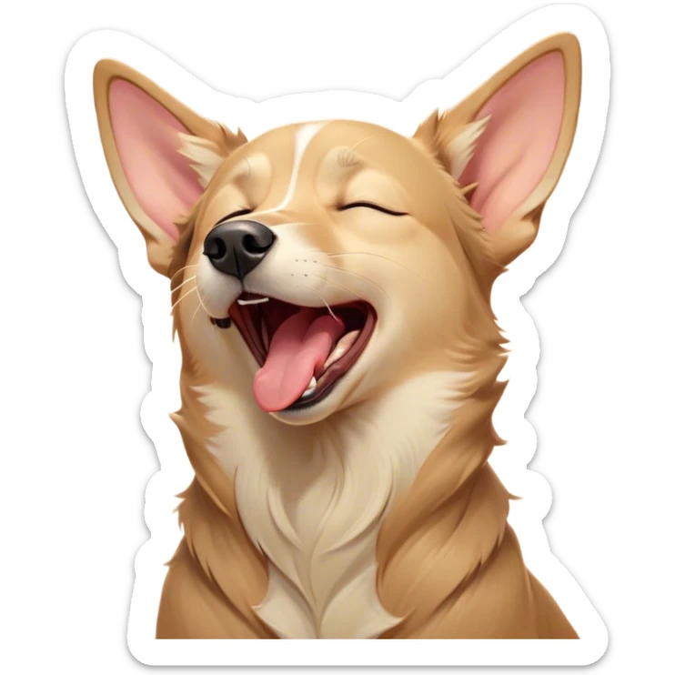Cinematic Cute Yawning Domestic Dog Portrait Emoji, Head tilted slightly with a dramatic, wide-open yawn, showcasing a plush, inviting coat with gently drooping ears and half-closed, drowsy eyes, Simplified yet irresistibly adorable features, highly detailed, glowing with a soft, cozy glow, high shine, relaxed yet expressive, stylized with a dash of playful whimsy, soft glowing outline, capturing the essence of a sleepy yet affectionate dog that seems ready to stretch out for a nap! sticker
