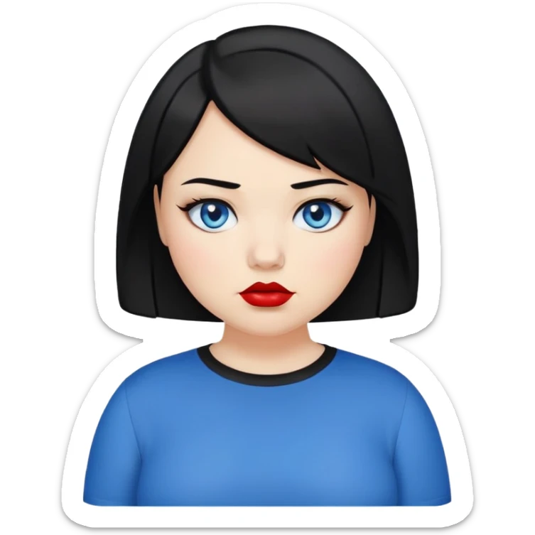 plus size teenage girl with a black bob haircut, side parted, blue eyes, black eyeshadow, red lipstick, wearing a black shirt, emoji style, neutral expression sticker