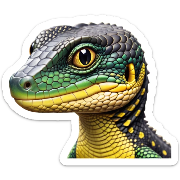 cinematic-realistic-cute-monitor-lizard-portrait-emoji,-head-tilted-playfully-and-inquisitively,-featuring-a-compact,-agile-body-with-finely-detailed,-glossy-scales-in-earthy-black and yellow-hues-and-a-distinct,-alert-face-with-bright,-curious-eyes, black , yellow spotted and green band  scales and a slender neck sticker