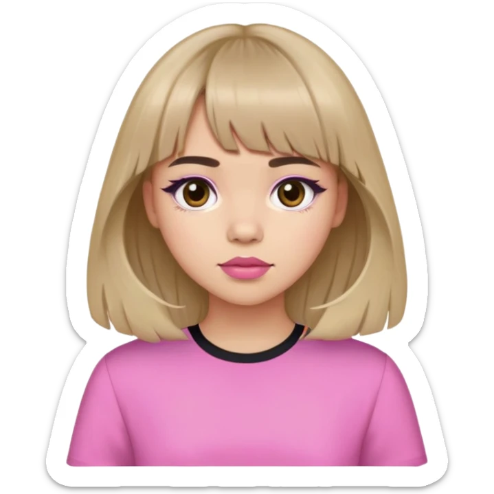 lght skintone girl, curtain bang and middle bangs, medium to long hair, brown to black eyes, pink lips, using pink shirts sticker