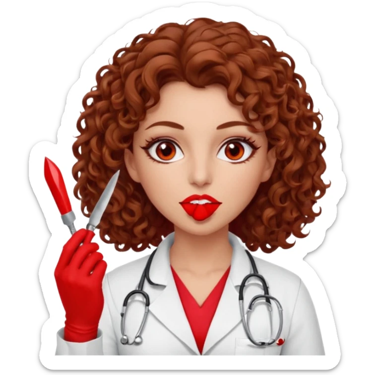 Lilith scalpel in hand, evil surgeon sexy surgeon clothes.  She has red eyes.  Hair is long. Hair is brown and curly hair. Wears sexy doctor outfit with red gloves. Covers mouth neck and nose with red litham for Muslim woman sticker