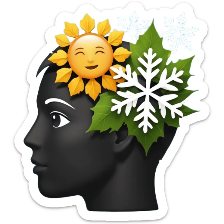 silhouette of a head with seasonal icons (leaf, snowflake, sun, flower) sticker