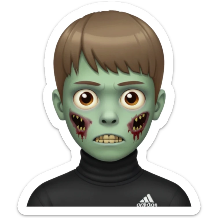 Crie um emoji de um menino com o cabelo castanho claro com uma franja reta e o corte low fade zumbi blusa de gola alta da adidas sticker
