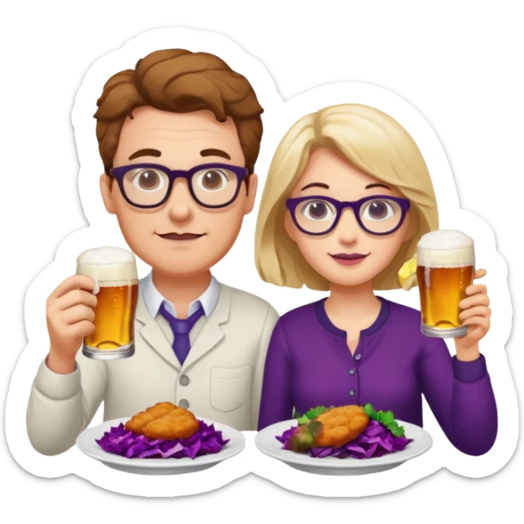 German man with glasses and woman with glasses eating schnitzel, red cabbage, potatoes, and drinking a beer sticker