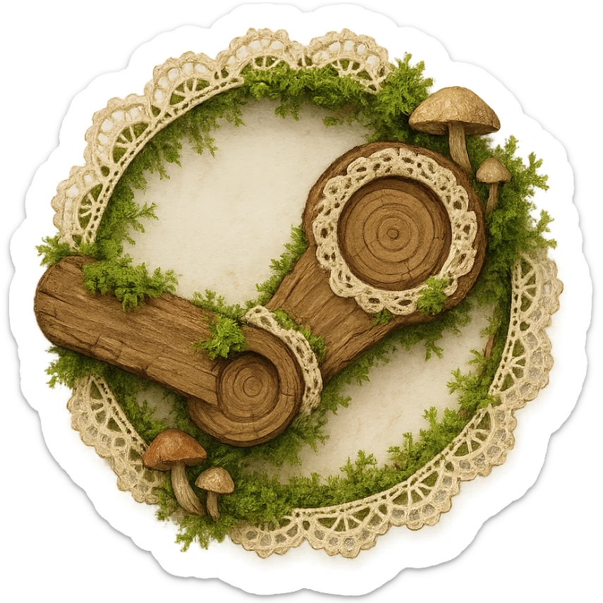 Rustic Steam logo in cottagecore style: logo formed from wooden rings and arms, with lace, moss, and mushrooms, cozy and natural, no text sticker