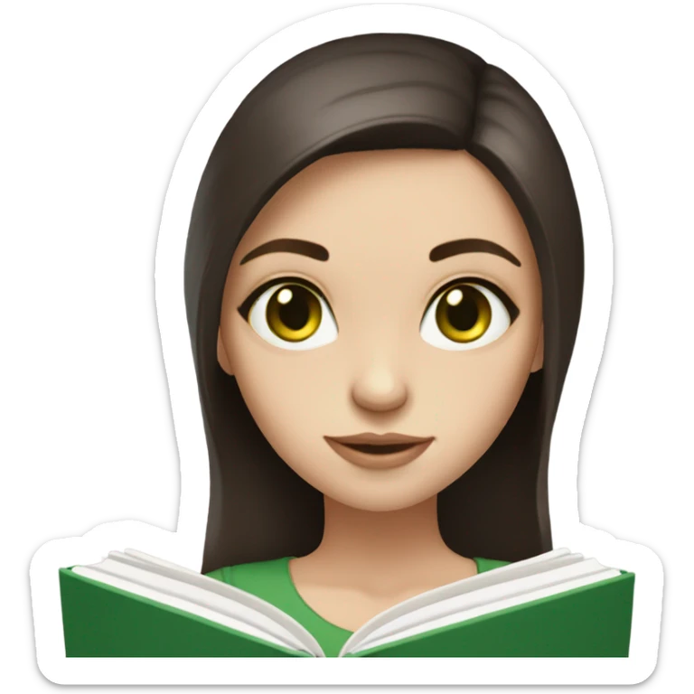 Girl with green eyes, shoulder length dark brown hair, pale skin, reading a book  sticker