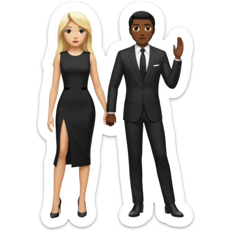 Blonde woman, black, Long, tight, sleveless Dress, Slot left Leg,man in suit sticker