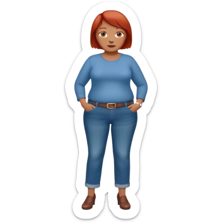 Lazy old Short woman with straight short red hair and fat tummy..wears business casual jeams and full sleeve  tshirt. Not smart looking ill fitting clothes sticker