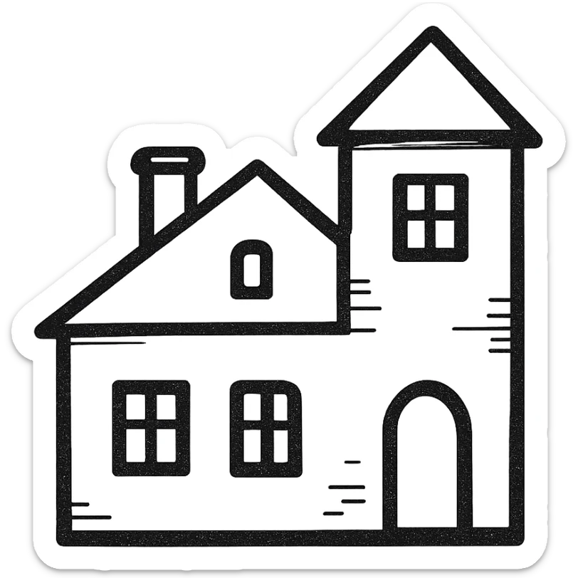 Icon of a house in Kaliningrad, hand drawn, black outlines, no fill, simple and clean, top view sticker