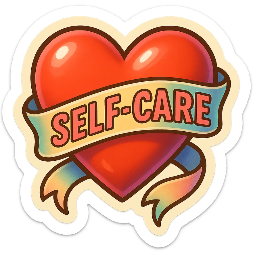 ribbon wrapping a heart, symbol of self-care, retro sticker style, clear contours, shadows and highlights, psychosomatics theme sticker