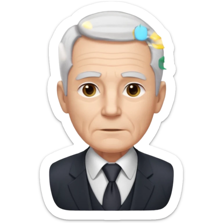 Elderly white man. Pale skin. Gray or white hair neatly combed back. Clean-shaven face with wrinkles around the eyes and mouth. Calm, steady eyes. Wears a collared shirt, tie, vest, and dark suit jacket visible from the chest up. sticker