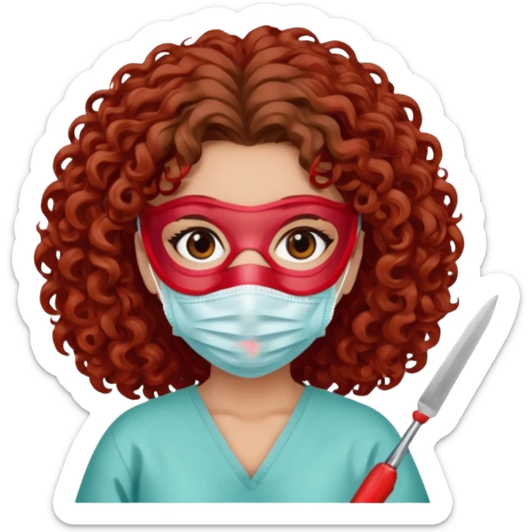 Lilith symbol seductress evil surgeon. Hair curly, and brown. Long curly brown hair. Red surgical mask and hair covering. She works for cartel and kills  with a scalpel. sticker