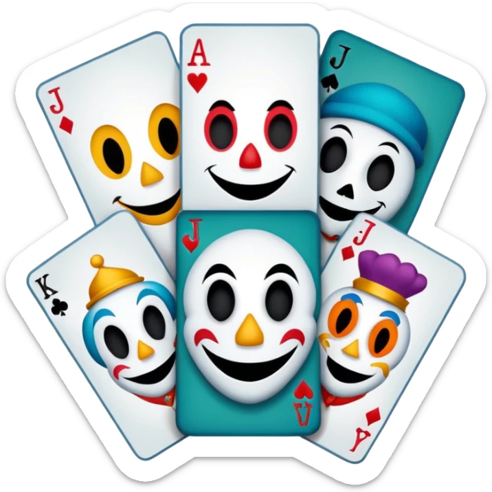 bunch of 3 poker cards, with crazy colorful human jolly jokers inside, inversed face, cuphead style sticker