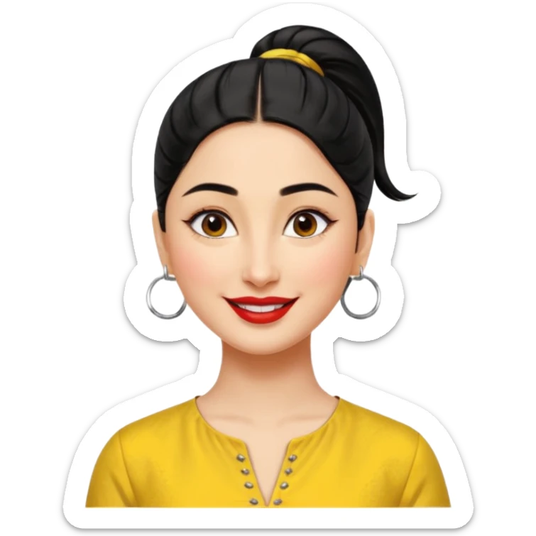 generate a pretty bratz emoji that looks like Kareena Kapoor's Geet character. 
Make her wear a yellow kurti, silver hoops, black hair in a ponytail. smiling big

She should look like Kareena Kapoor sticker