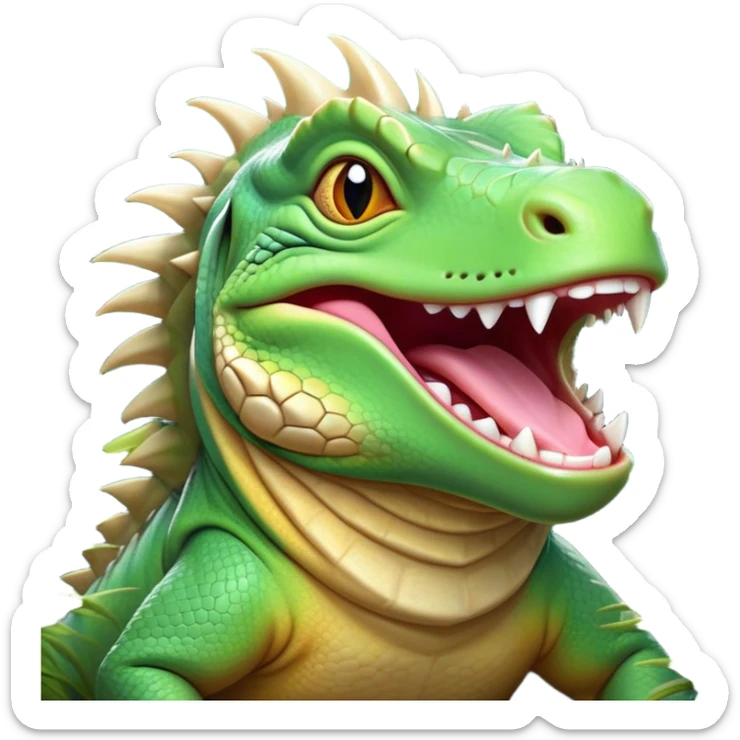 Cinematic Cute Yawning Iguana Portrait Emoji, Head tilted slightly with a dramatic, wide-open yawn, showcasing a sturdy, scaled body with a softly drooping spiky crest and sleepy, half-closed eyes, Simplified yet irresistibly adorable features, highly detailed, glowing with a soft, cozy jungle glow, high shine, relaxed yet expressive, stylized with a dash of whimsical charm, soft glowing outline, capturing the essence of a drowsy yet affectionate iguana that appears ready to stretch out for a nap! sticker