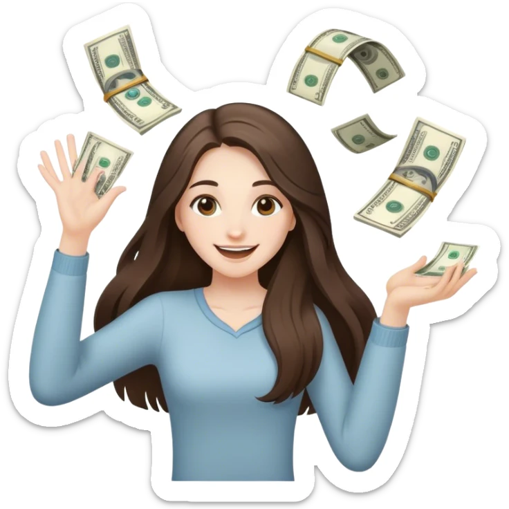 happy beautiful pale brunette girl with long hair throwing money sticker