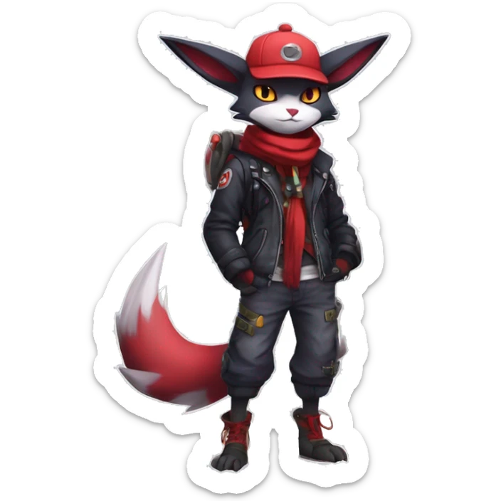 Cool Anthro Noibat-Zangoose-Quilava-Litten-Sphynx-Feline-Pokémon with red scarf punk techwear cool fiddler-hat Full Body sticker