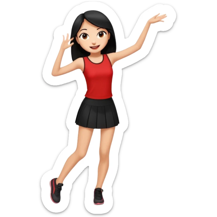 Chicas esbelta con falda corta negra y top rojo,pelo semi largo negro y lacio  super feliz,pero bailando sticker