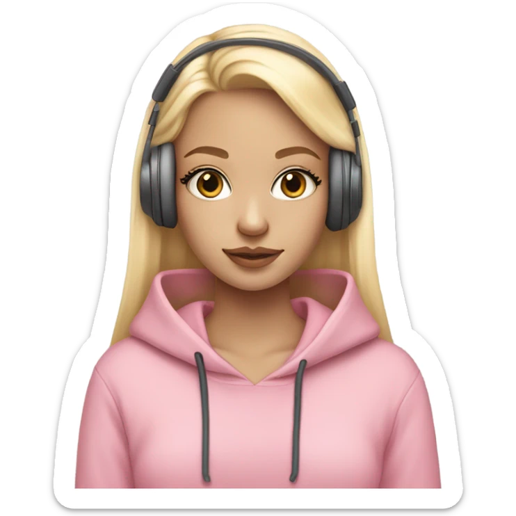 blonde girl with light and subtle pink makeup, long eyelashes, a bow in her hair, a pink hoodie, with wired headphones sticker