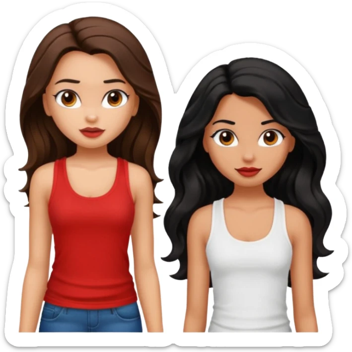 generate a pretty tan bratz girl with brown wavy hair long wearing a red tank top talking to a girl with black hair sticker