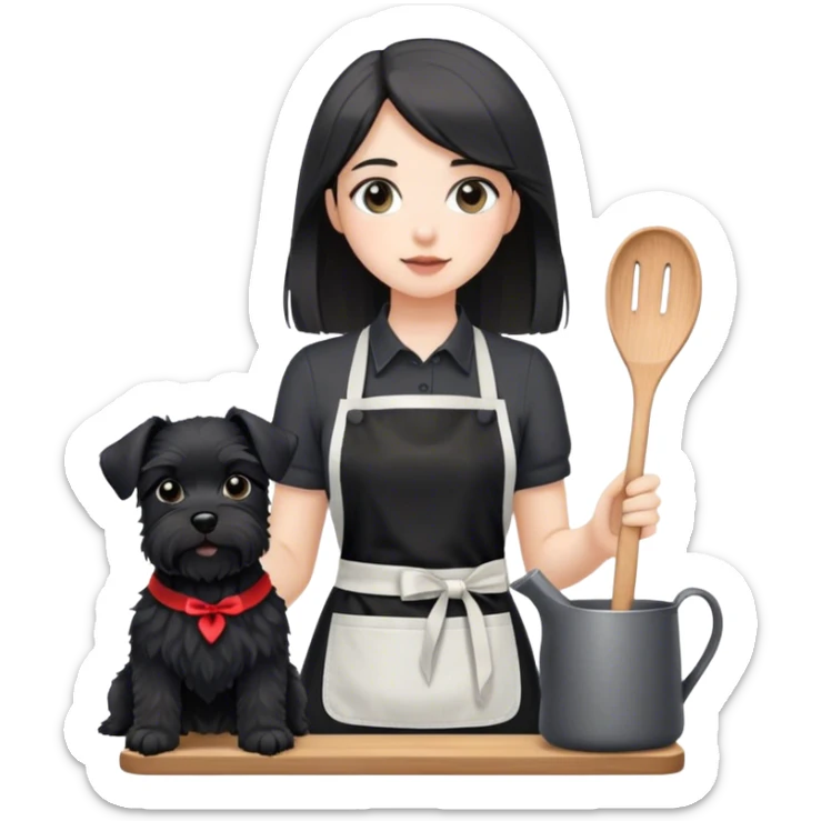 pale girl with long back hair wearing black shirt wearing apron holding black schnauzer sticker