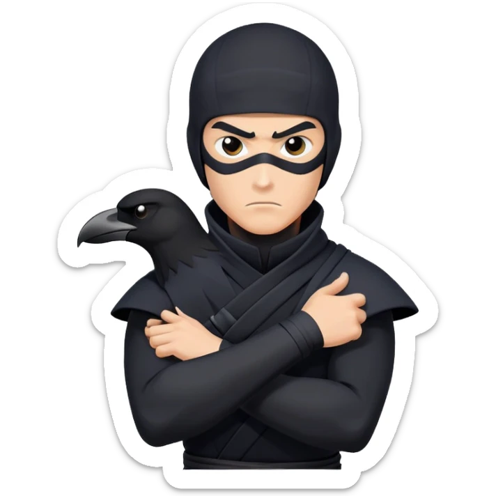 clash-of-clans-aesthetic_-cinematic-mysterious-male-ninja-portrait-emoji, rendered in a flat, vector-style with minimal shading and bold, simplified shapes, with a head slightly turned revealing intense, focused eyes. the ninja has his arm out and perched on top of his forarm is  a black crow sticker