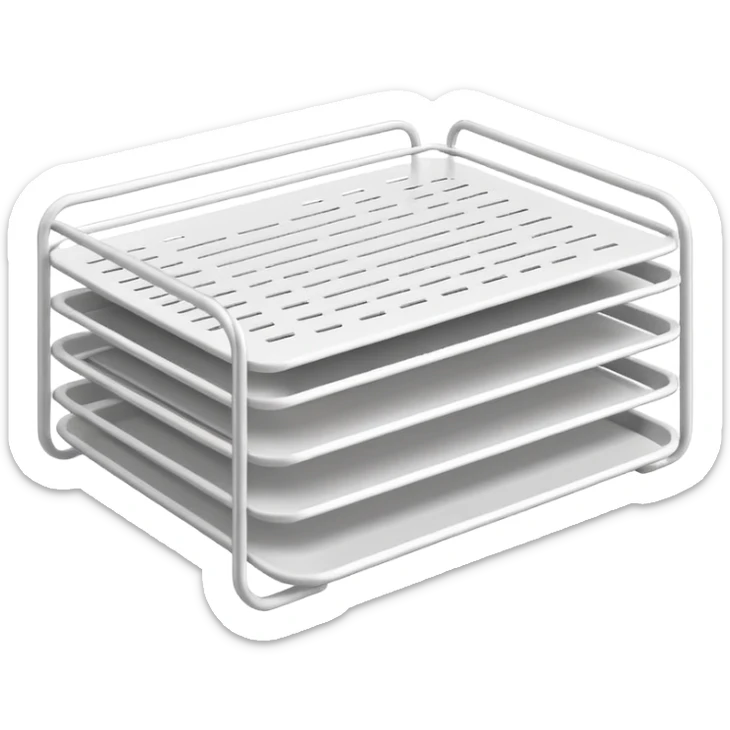 A minimal, clean emoji-style illustration of a white metal desk paper organizer tray, shown in slight isometric view so its structure is readable at a small scale. The organizer is rectangular with rounded corners, made of thin white metal wires, forming two to three stacked horizontal slots.
 sticker