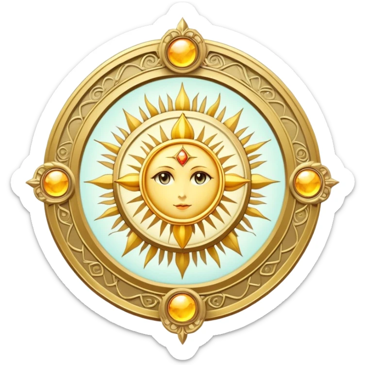 magical tarot-like card inspired by the Clow Cards from Cardcaptor Sakura. The card has ornate golden borders, a sun or moon symbol at the top, and a mysterious illustration in the center. sticker