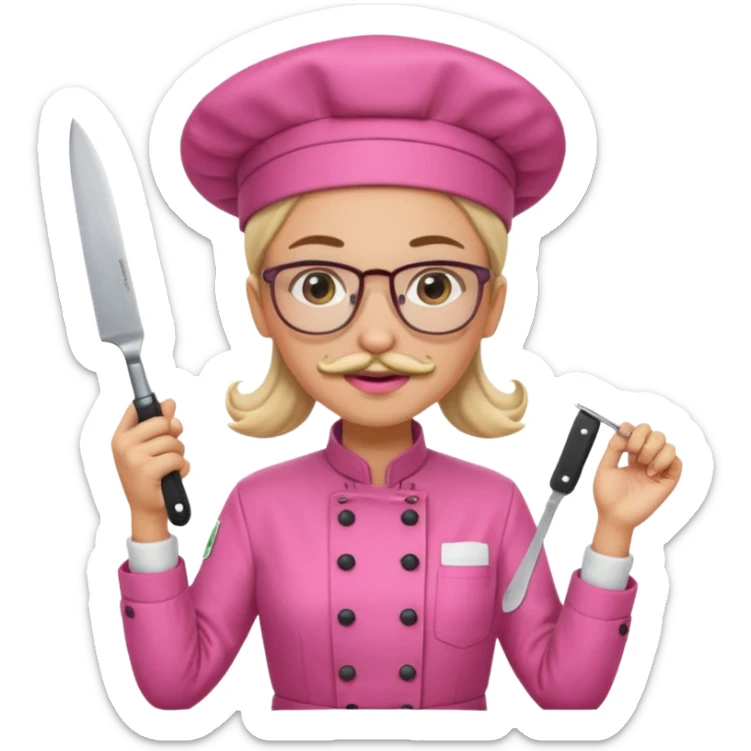 female italian chef, pink uniform, with mustace, wearing glasses, holding knife sticker