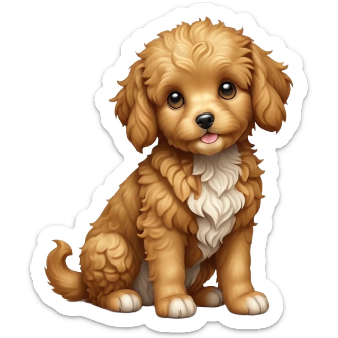 cinematic-[cavoodle dog]-realistic-full-body-sitting-emoji,-tail-resting-loosely-beside-its-paws,-head-tilted-dramatically,-very curly-[solid golden]-fur,-simplified-yet-realistic-focused-features,-highly-detailed,-glowing-with-an-almost-sarcastic-glow sticker