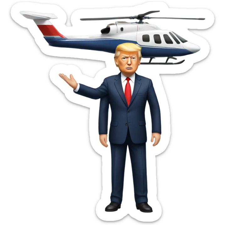 Donald trump by himself holding an airplane in one hand and a helicopter in the other hand sticker