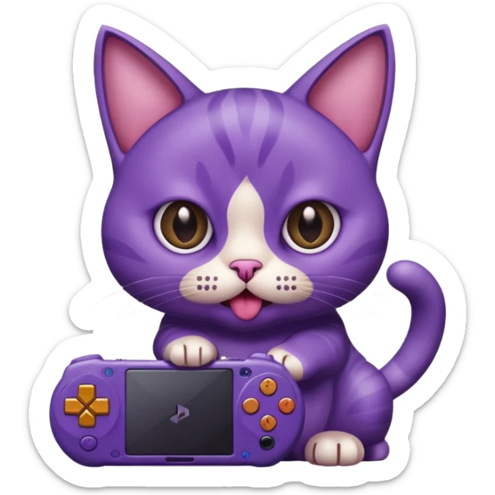 purple cat with huge eyes smelly lines and their massive brown tongue out also a playstation next to it sticker