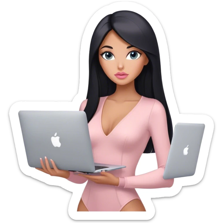 Glamours, tanned, very beautiful girl, with big pump peach-beige-rose lips, black straight smooth silky long hair, straight parting, blue-grey eyes, in light-pink bodysuit holding MacBook sticker