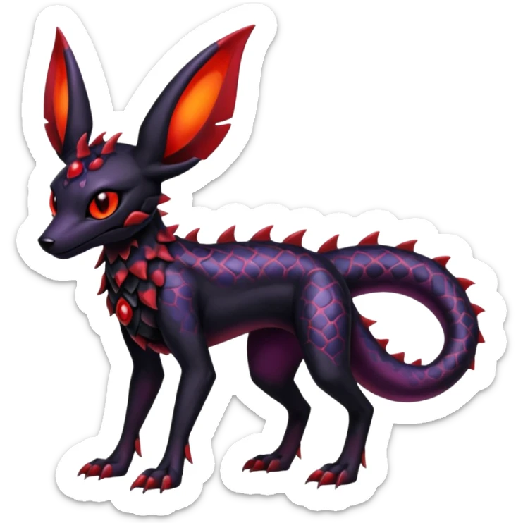 Gothic Black red purple Scaley Exotic Salandit-Umbreon-Houndoom-Fakémon-hybrid-creature (full body), 4 legs sticker