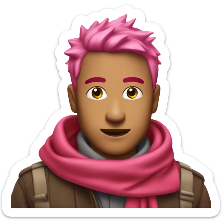 Man with pink marks on his face and short spiky pink hair and a red scarf on his neck sticker