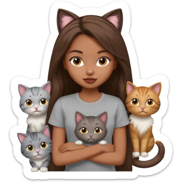 a pretty bratz dusky girl with long brown hair with six cats nd wearing a grey tshirt sticker