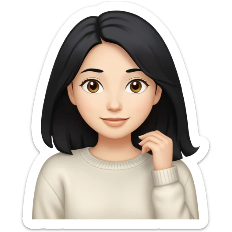 A woman with longer black hair, light to medium skin tone, full cheeks, and almond-shaped eyes, wearing a simple white sweater, lying comfortably on a bed with soft lighting, joyful and radiant expression sticker
