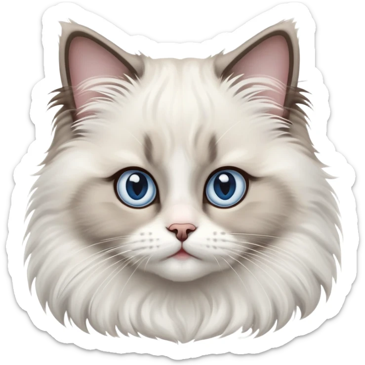 cinematic-adorable-big-eyed-fluffy-ragdoll-cat-portrait-emoji,-head-tilted-playfully-with-a-sweet-expression,-fluffy-white and grey-fur,-simplified-yet-irresistibly-cute-features-with-large,-expression, Large blue eyes sticker