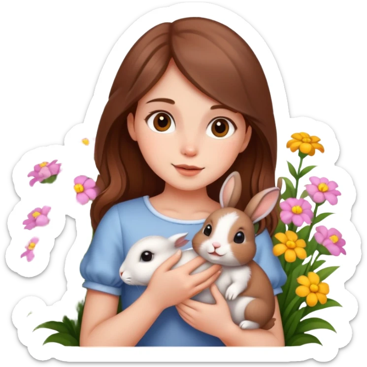 A beautiful brown-haired girl holding a little rabbit in the flowers sticker