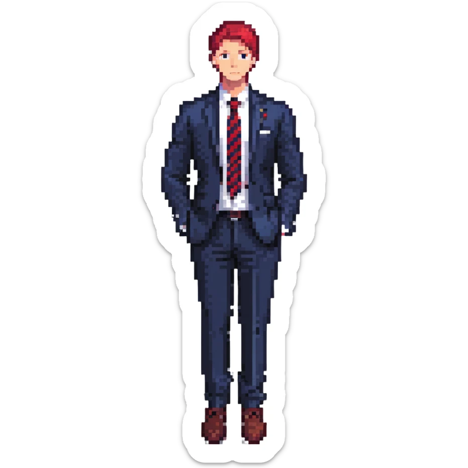 man wearing a dark blue-gray business suit with black horizontal stripes on the arms and legs, white shirt and red tie sticker