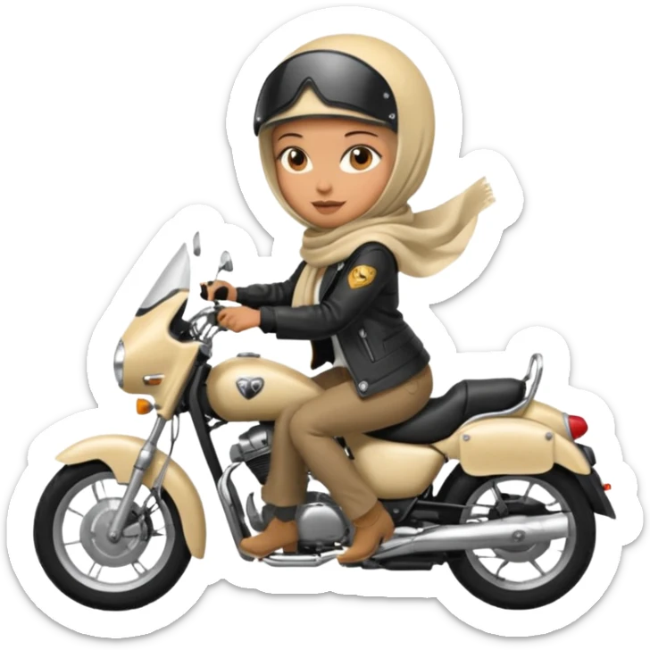 A woman wearing a cream colored pashmina hijab riding a motorbike sticker