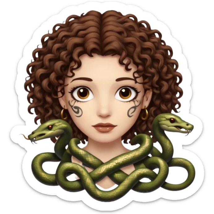 Sexy brown eyes, white skin, brown curly hair, with tattoo, mystic vibe, with snakes  sticker